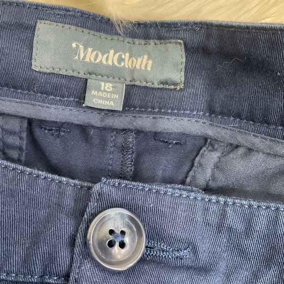 ModCloth Navy Blue Pink Umbrella Embroidered Novelty Slim Chinos Pants 18 - Picture 13 of 17